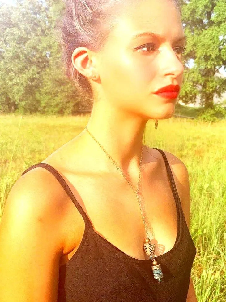 EVE Necklace Turquoise Emerald Leaf-Heart Filigree Bead Gold Chain