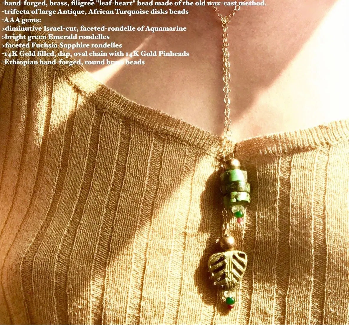 EVE Necklace Turquoise Emerald Leaf-Heart Filigree Bead Gold Chain