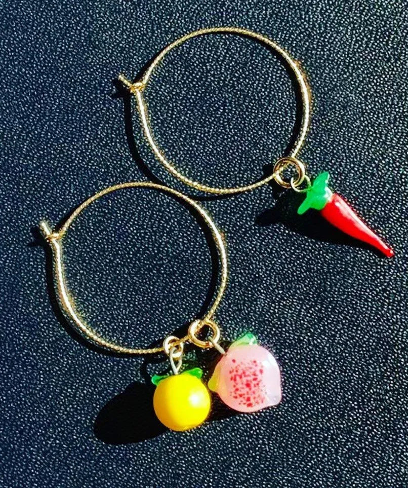 FRUIT HOOPS Earrings 14K Gold Repurposed Glass Charms 1940-70's