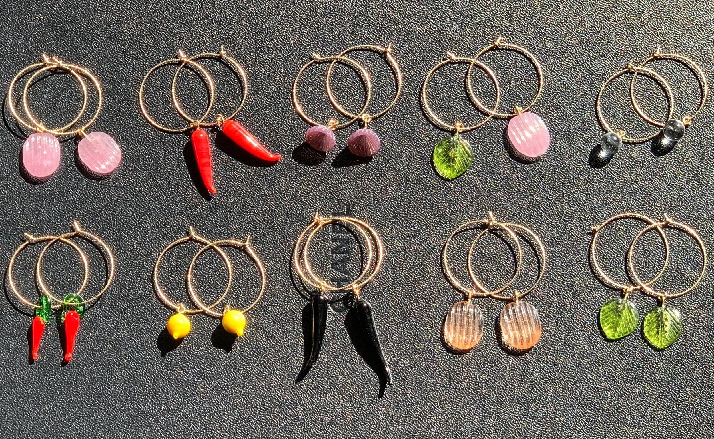 FRUIT HOOPS Earrings 14K Gold Repurposed Glass Charms 1940-70's