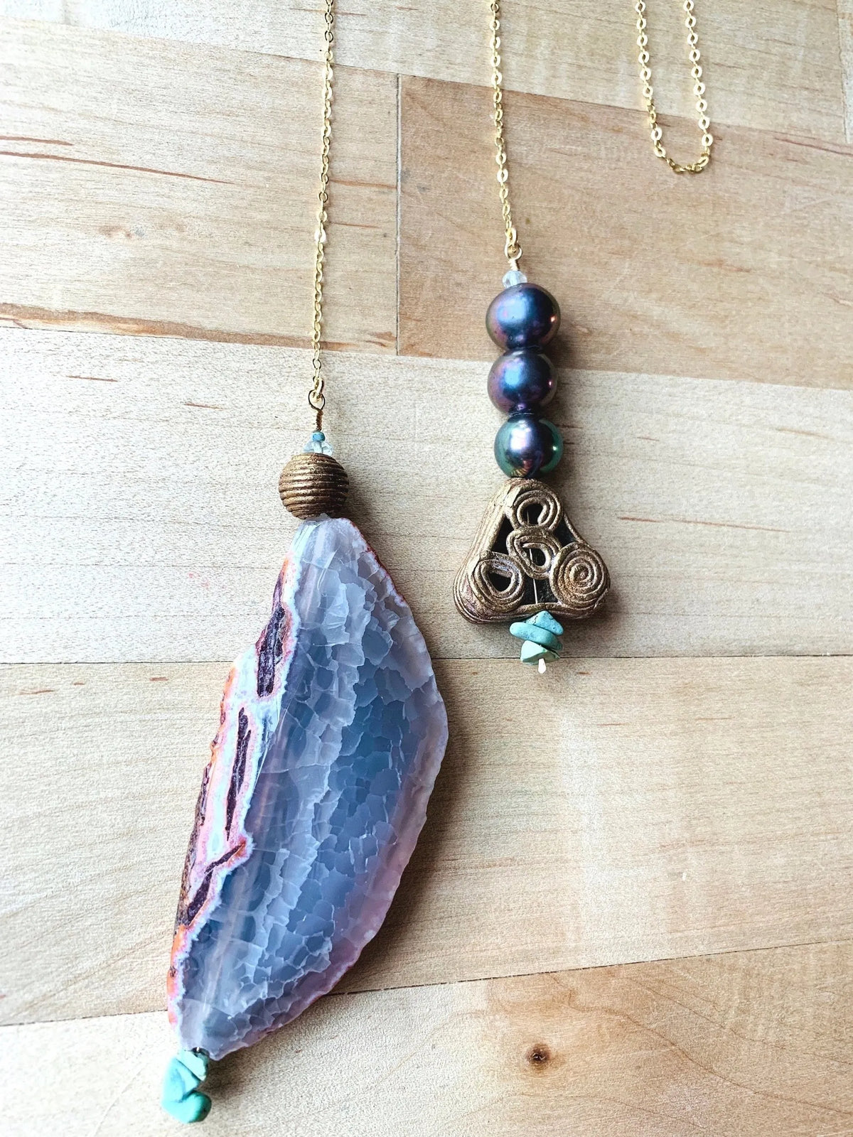 GABBY Lariat Necklace Brazilian Agate Filigree Brass Charms Gold Chain