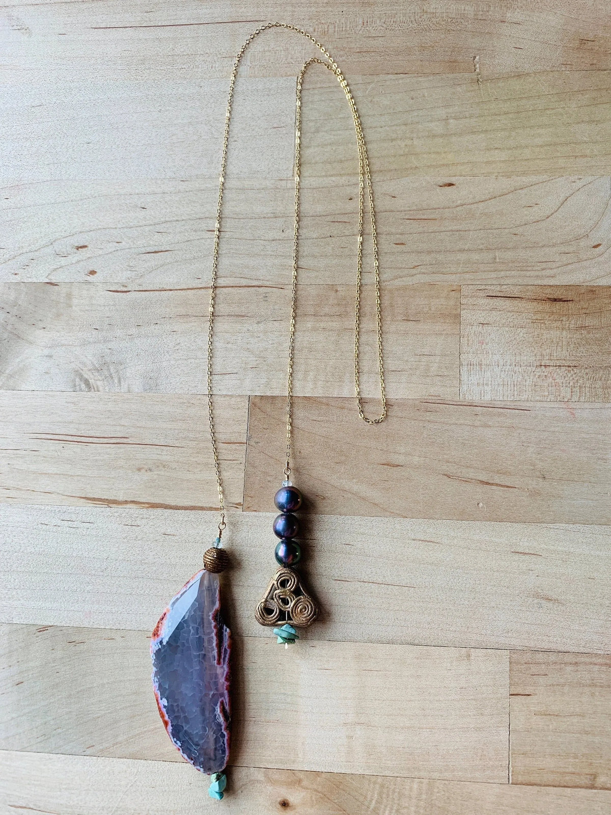 GABBY Lariat Necklace Brazilian Agate Filigree Brass Charms Gold Chain