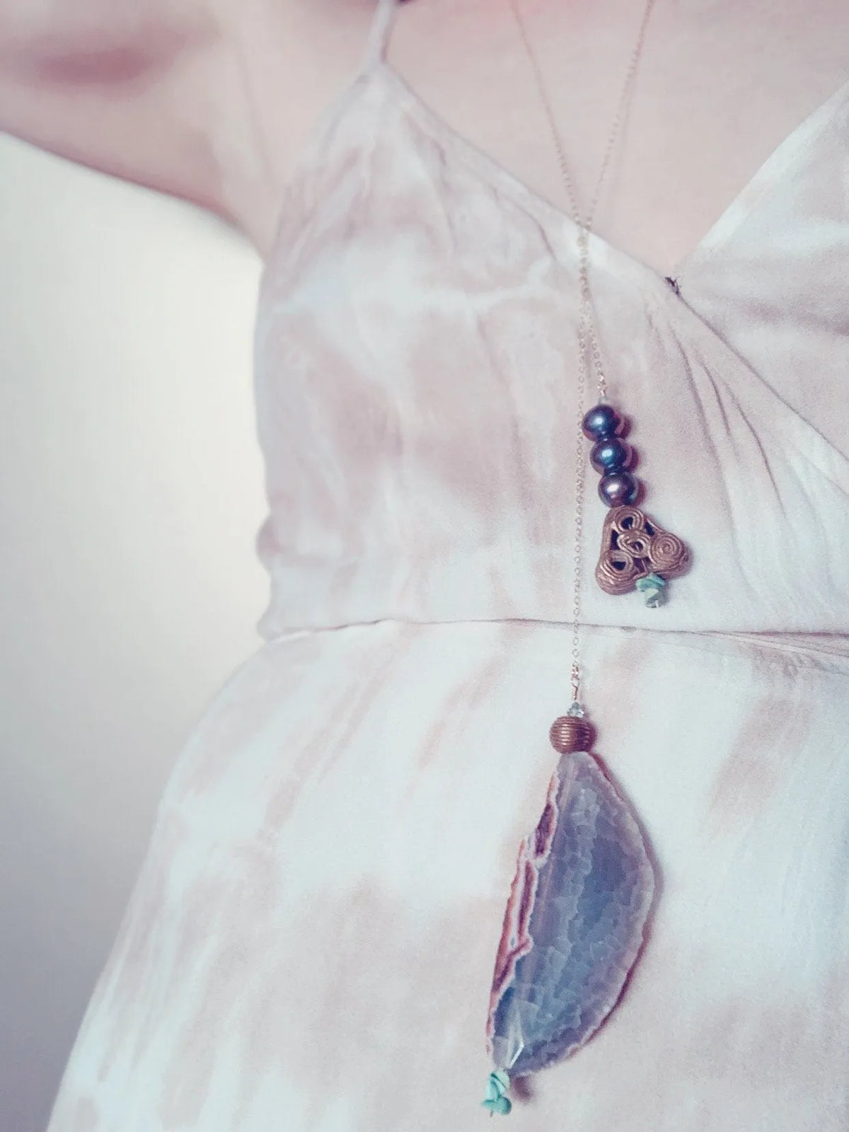 GABBY Lariat Necklace Brazilian Agate Filigree Brass Charms Gold Chain