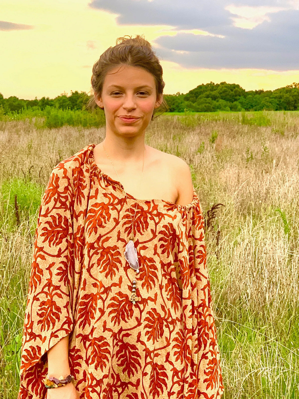 GABBY Lariat Necklace Brazilian Agate Filigree Brass Charms Gold Chain