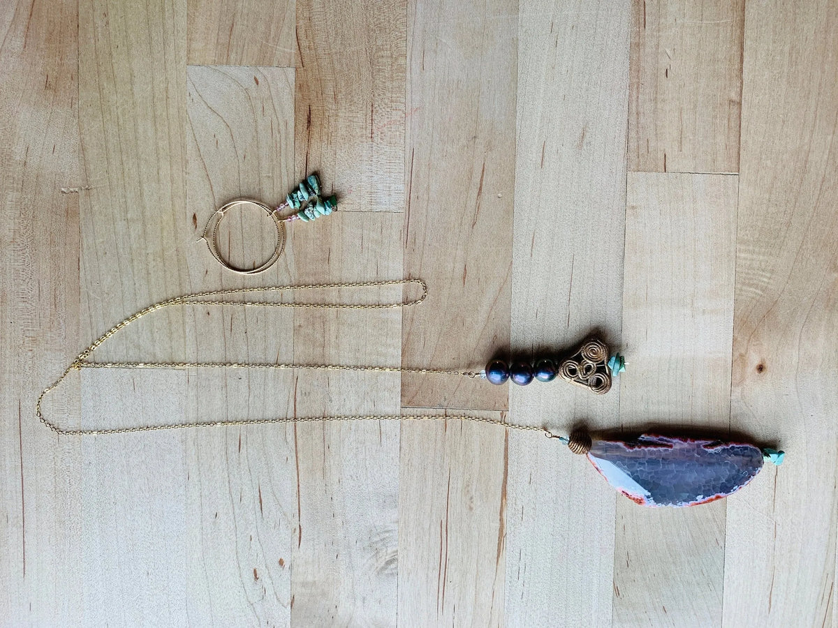 GABBY Lariat Necklace Brazilian Agate Filigree Brass Charms Gold Chain