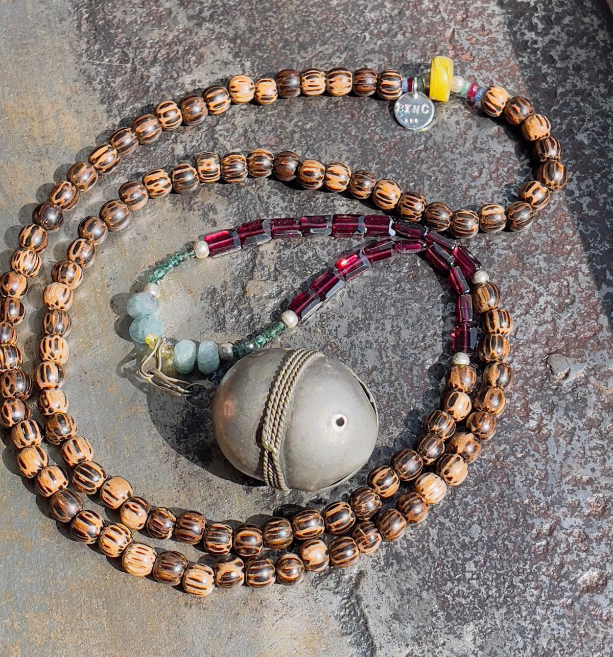 GLENN Necklace Repurposed Antique Kuchi Bell Charm Gems Crystals