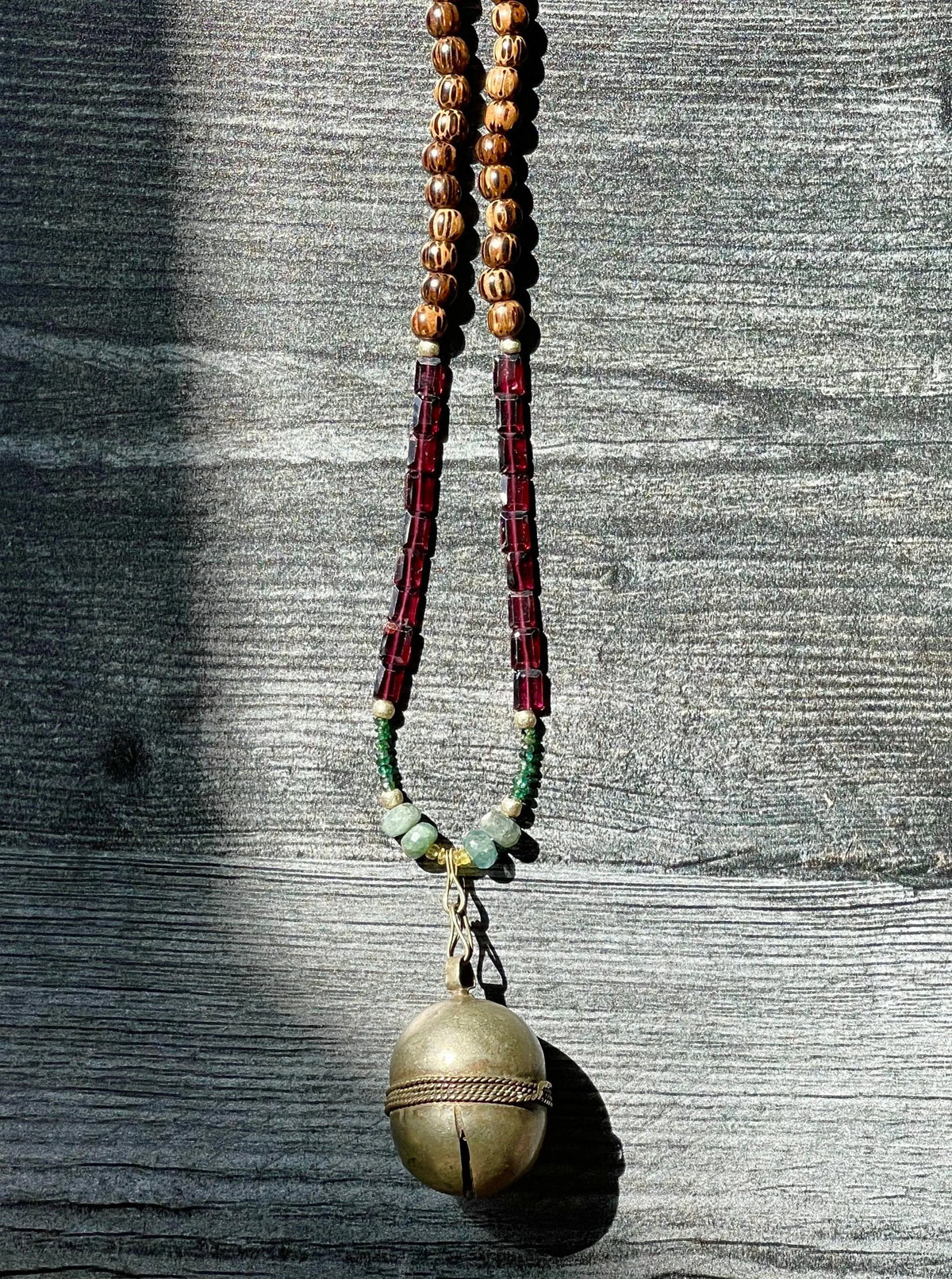 GLENN Necklace Repurposed Antique Kuchi Bell Charm Gems Crystals