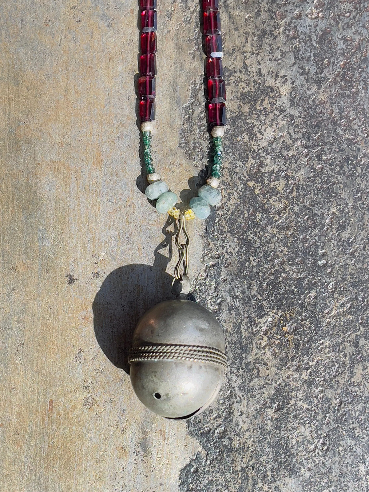 GLENN Necklace Repurposed Antique Kuchi Bell Charm Gems Crystals