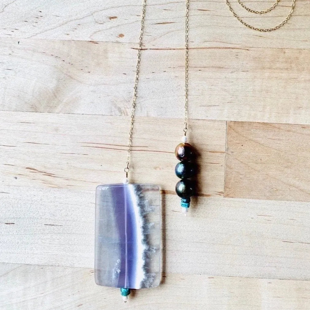 HANNA Lariat Necklace Crystal Quartz Freshwater Pearls Turquoise