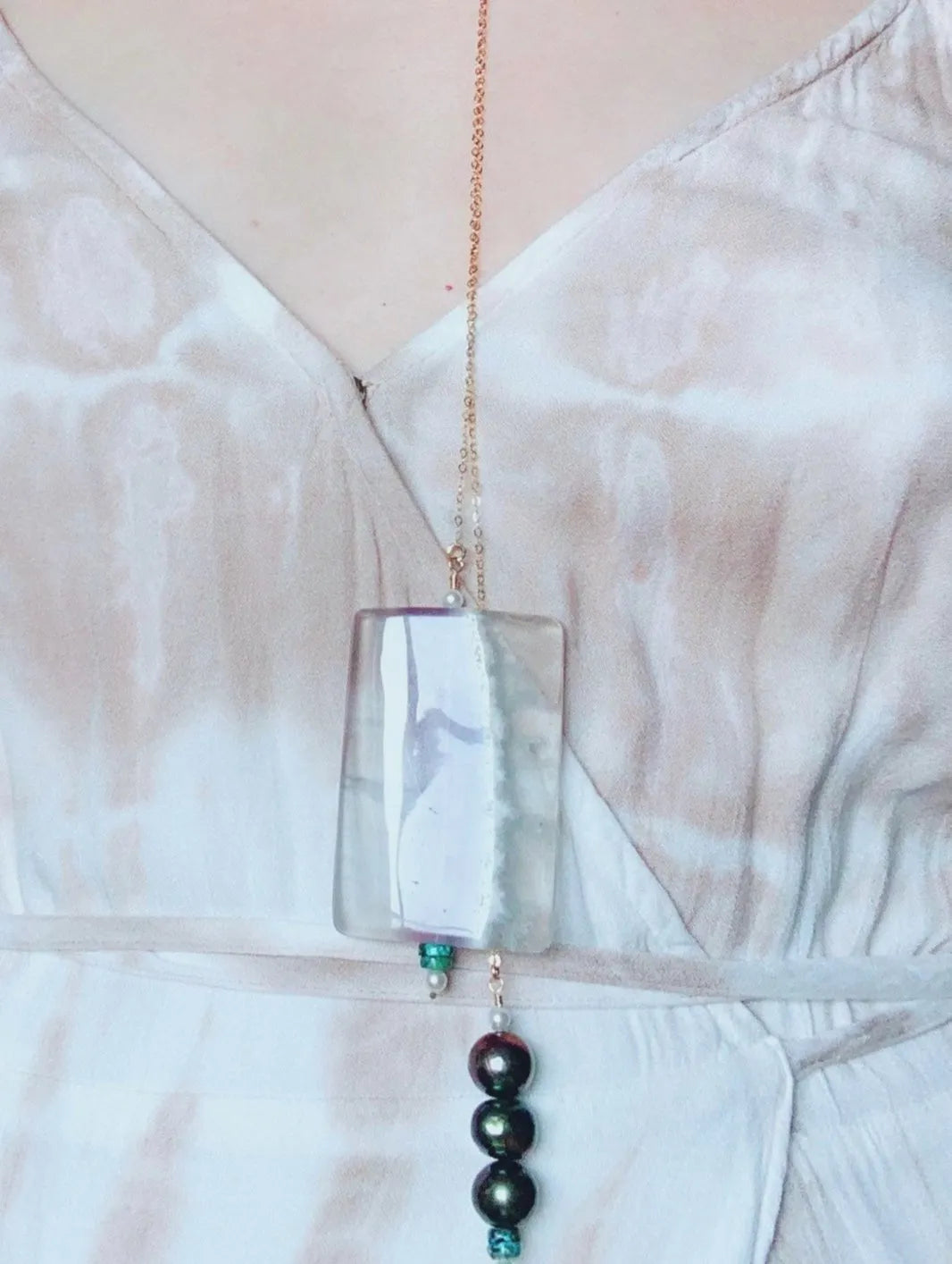 HANNA Lariat Necklace Crystal Quartz Freshwater Pearls Turquoise