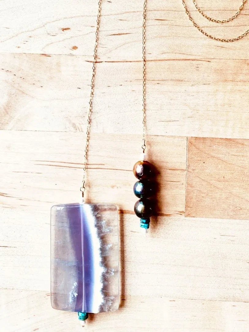 HANNA Lariat Necklace Crystal Quartz Freshwater Pearls Turquoise