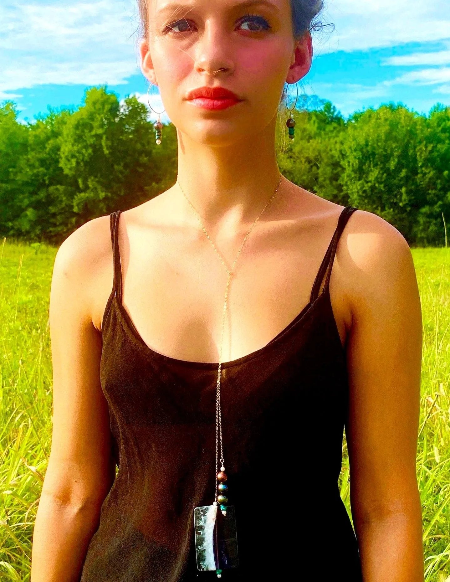 HANNA Lariat Necklace Crystal Quartz Freshwater Pearls Turquoise