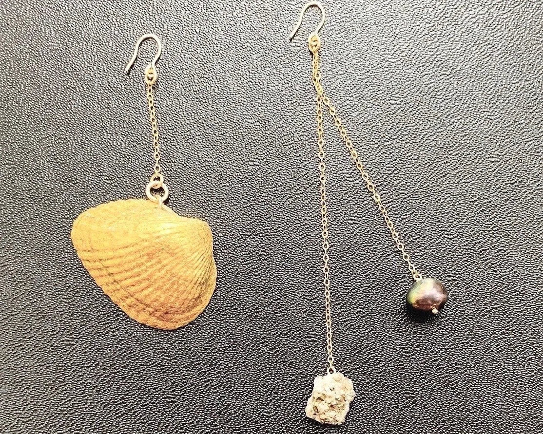 HAVEN Earring Set 24K Gold Leaf Sea Shell Black Pearl Quartz Crystal