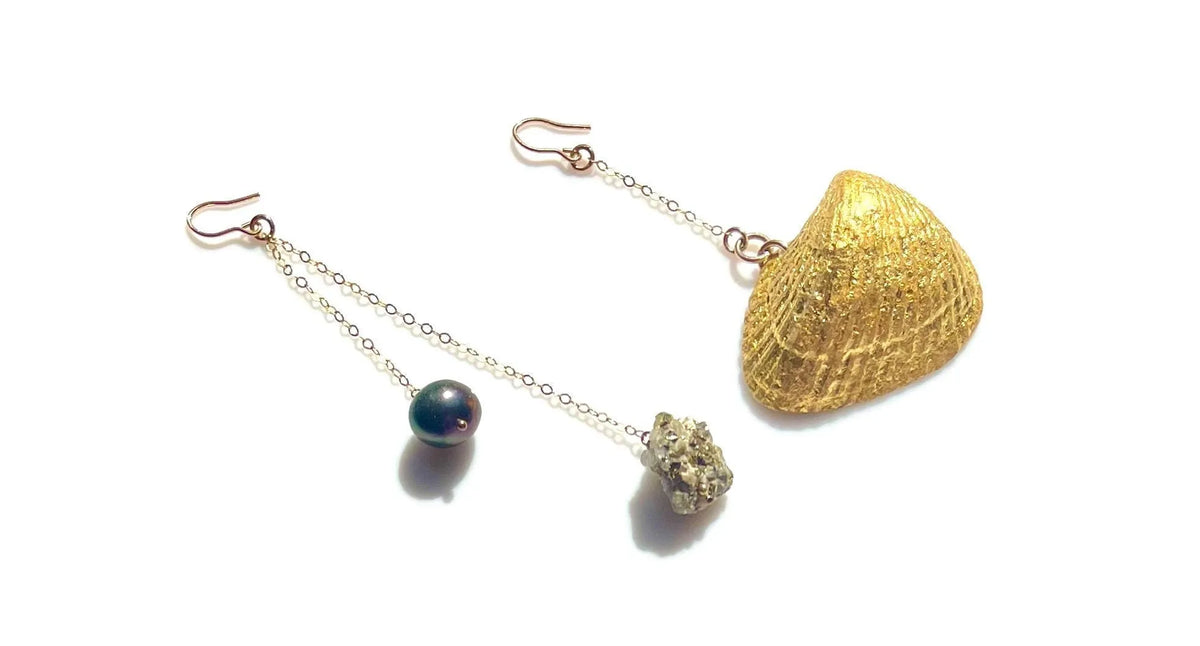 HAVEN Earring Set 24K Gold Leaf Sea Shell Black Pearl Quartz Crystal