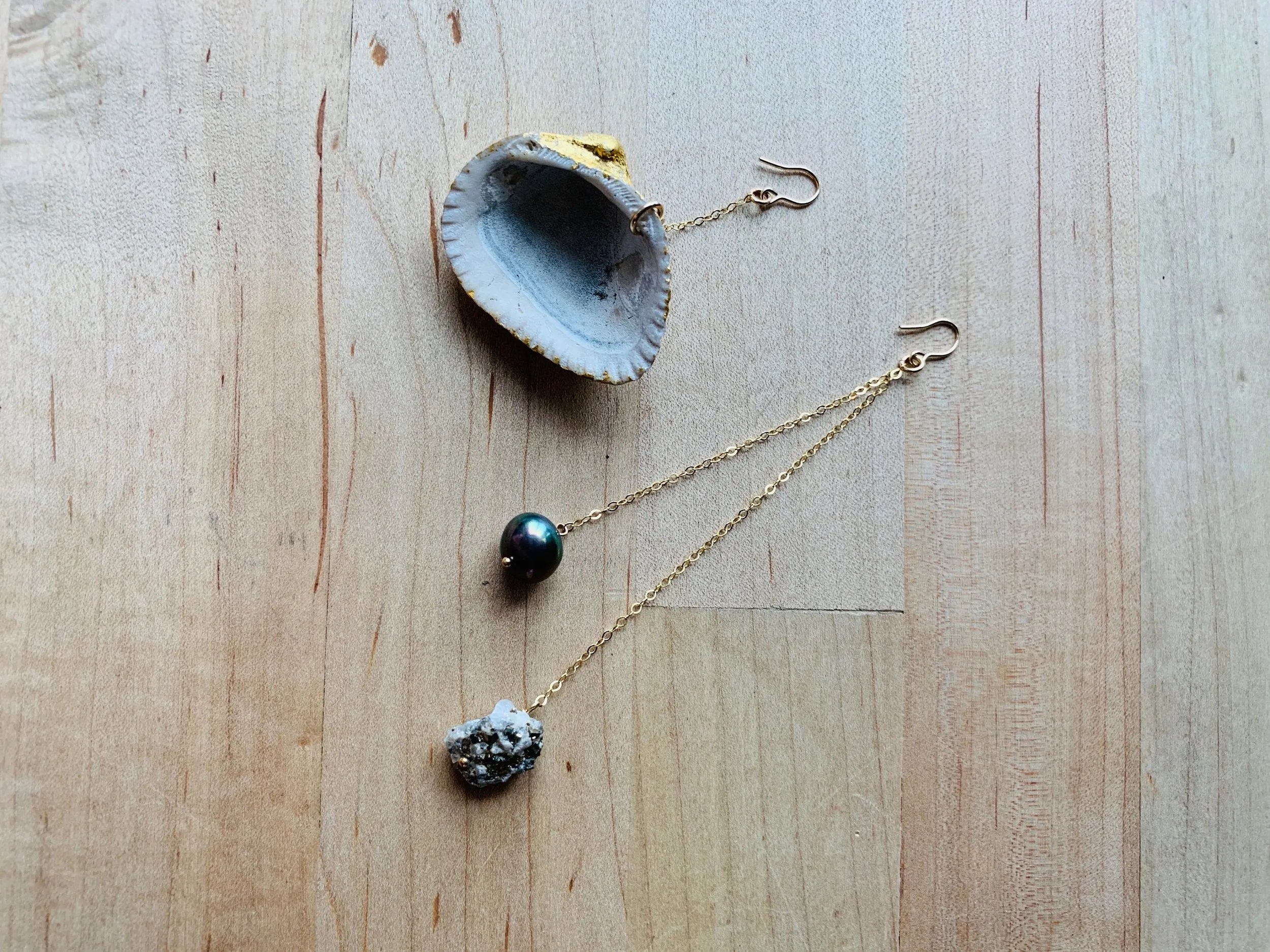 HAVEN Earring Set 24K Gold Leaf Sea Shell Black Pearl Quartz Crystal