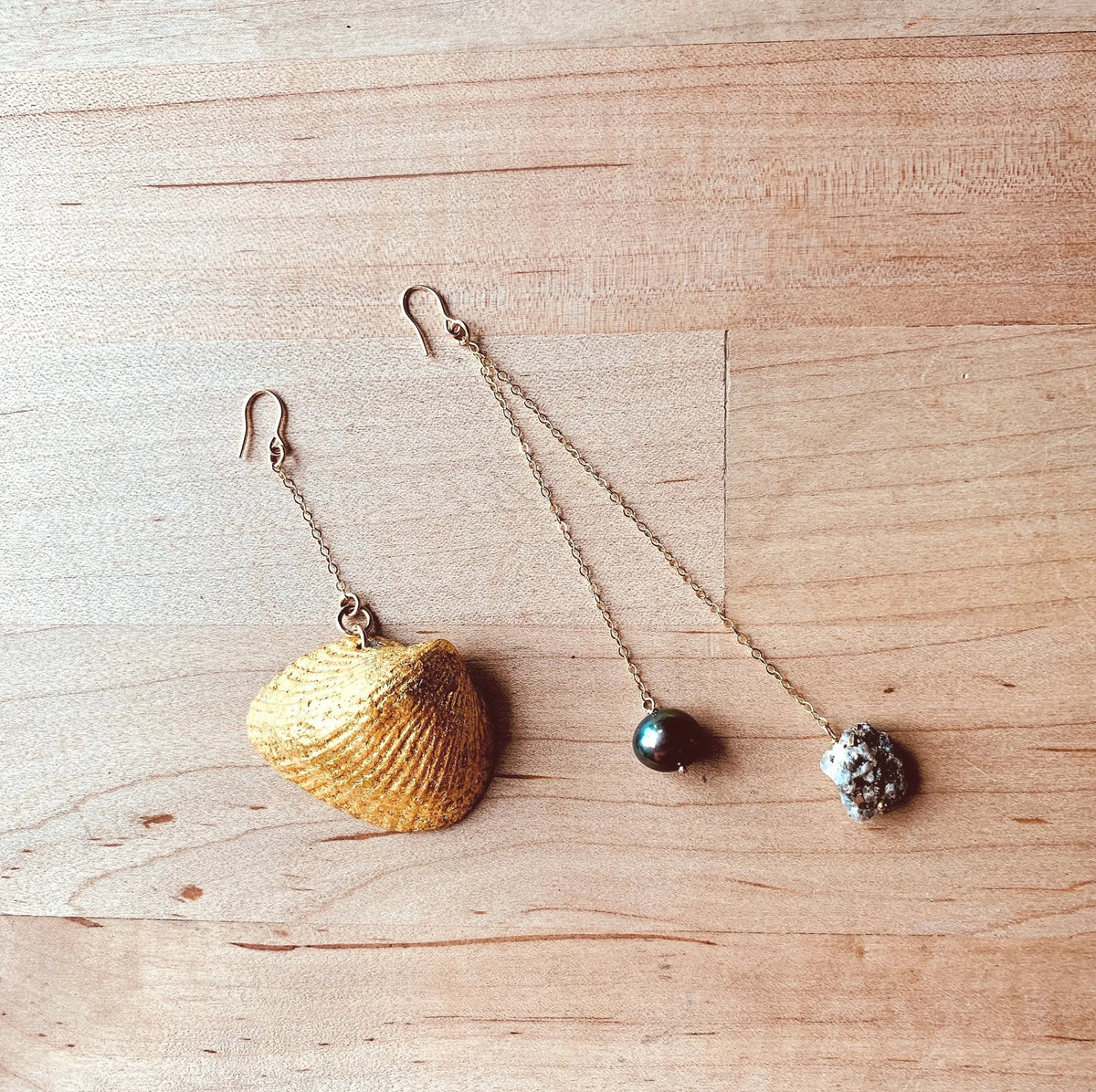 HAVEN Earring Set 24K Gold Leaf Sea Shell Black Pearl Quartz Crystal