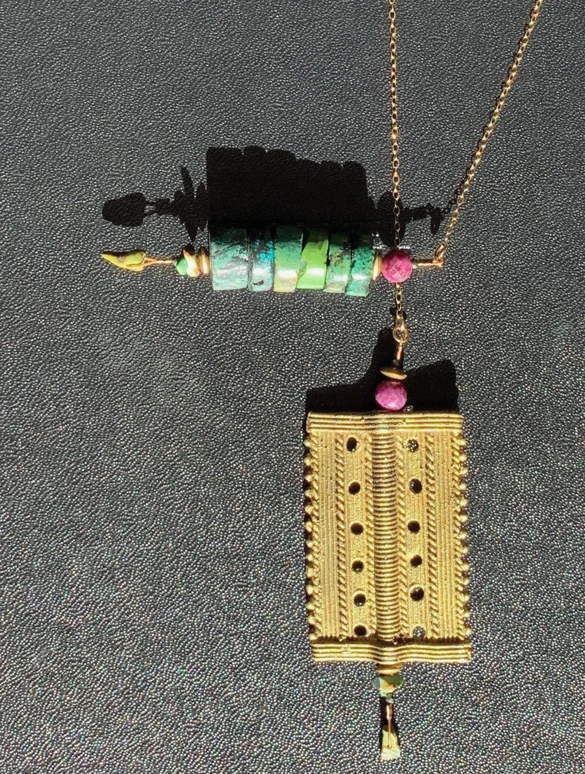 JAMESON Lariat Necklace Antique Brass Charm Fragment Turquoise