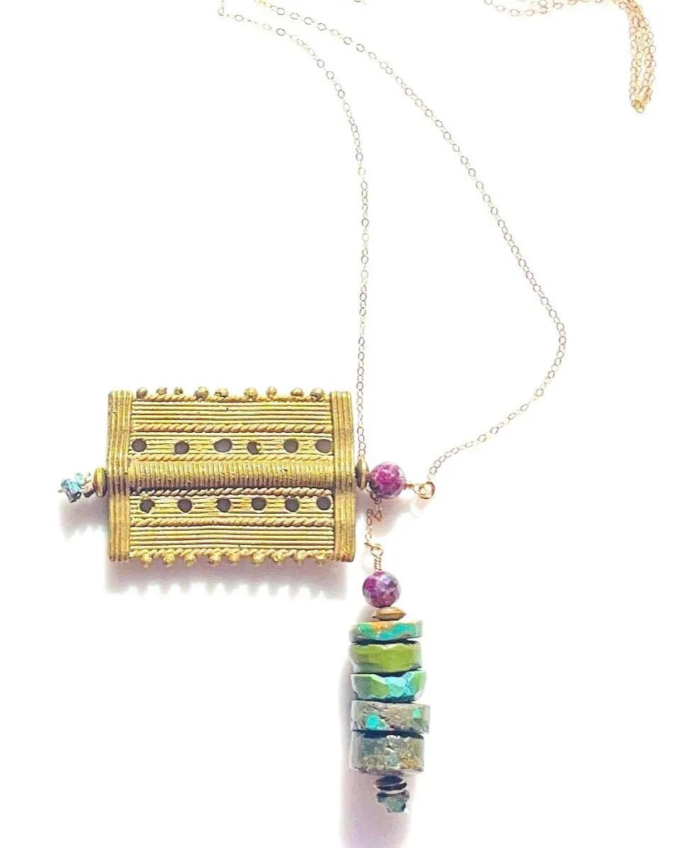JAMESON Lariat Necklace Antique Brass Charm Fragment Turquoise