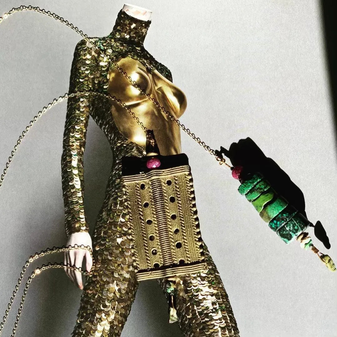 JAMESON Lariat Necklace Antique Brass Charm Fragment Turquoise