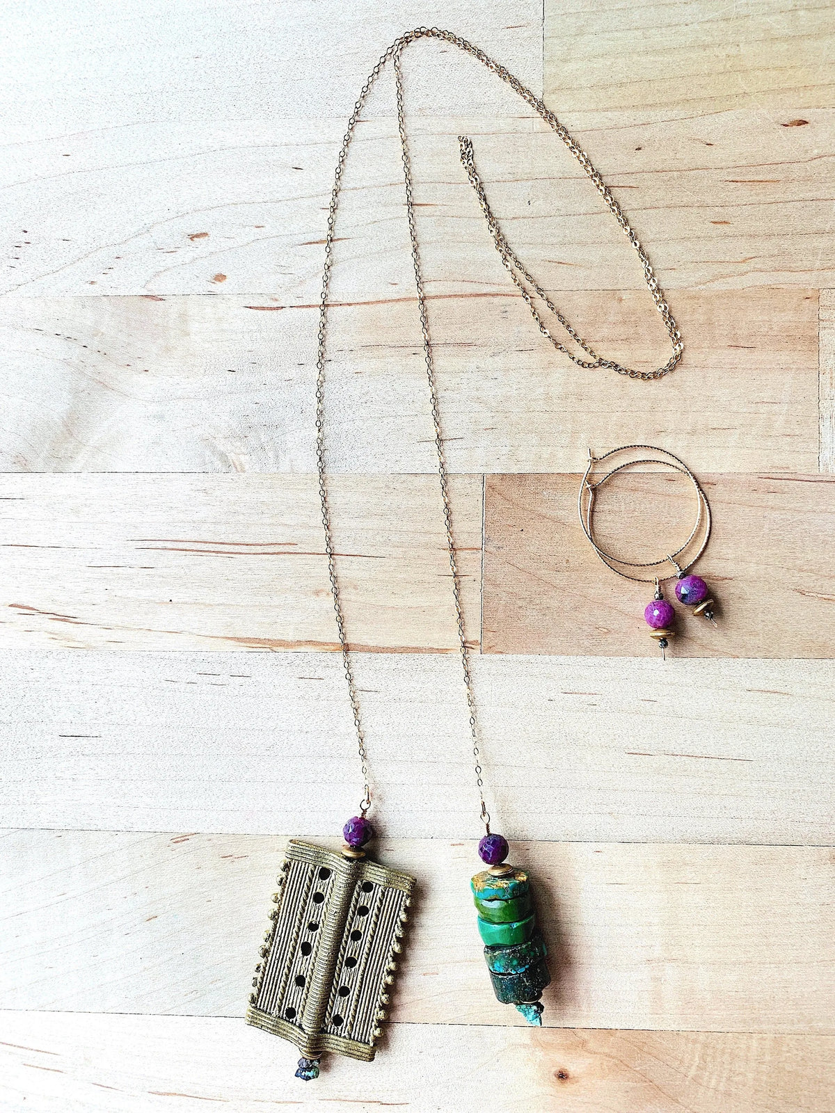 JAMESON Lariat Necklace Antique Brass Charm Fragment Turquoise