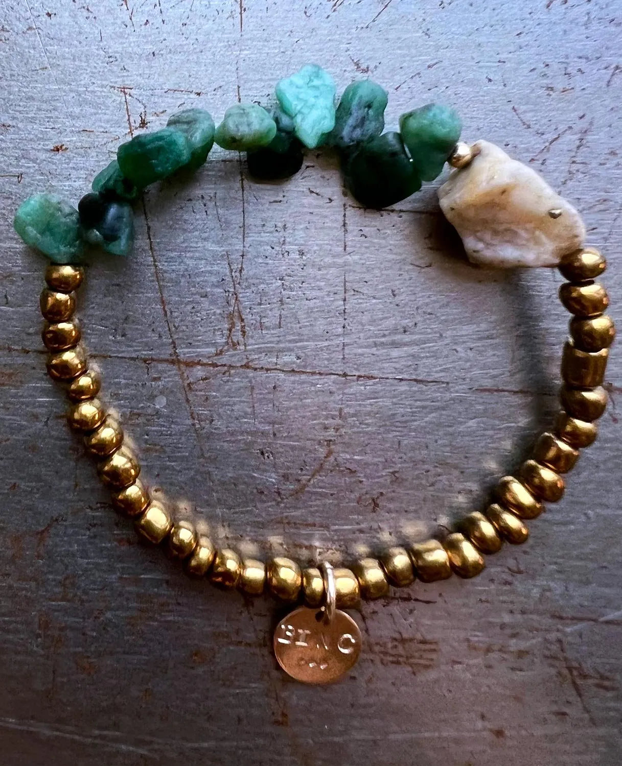 LIAM Bracelet Emerald Rare Pyrite-Quartz Bronze African Beads