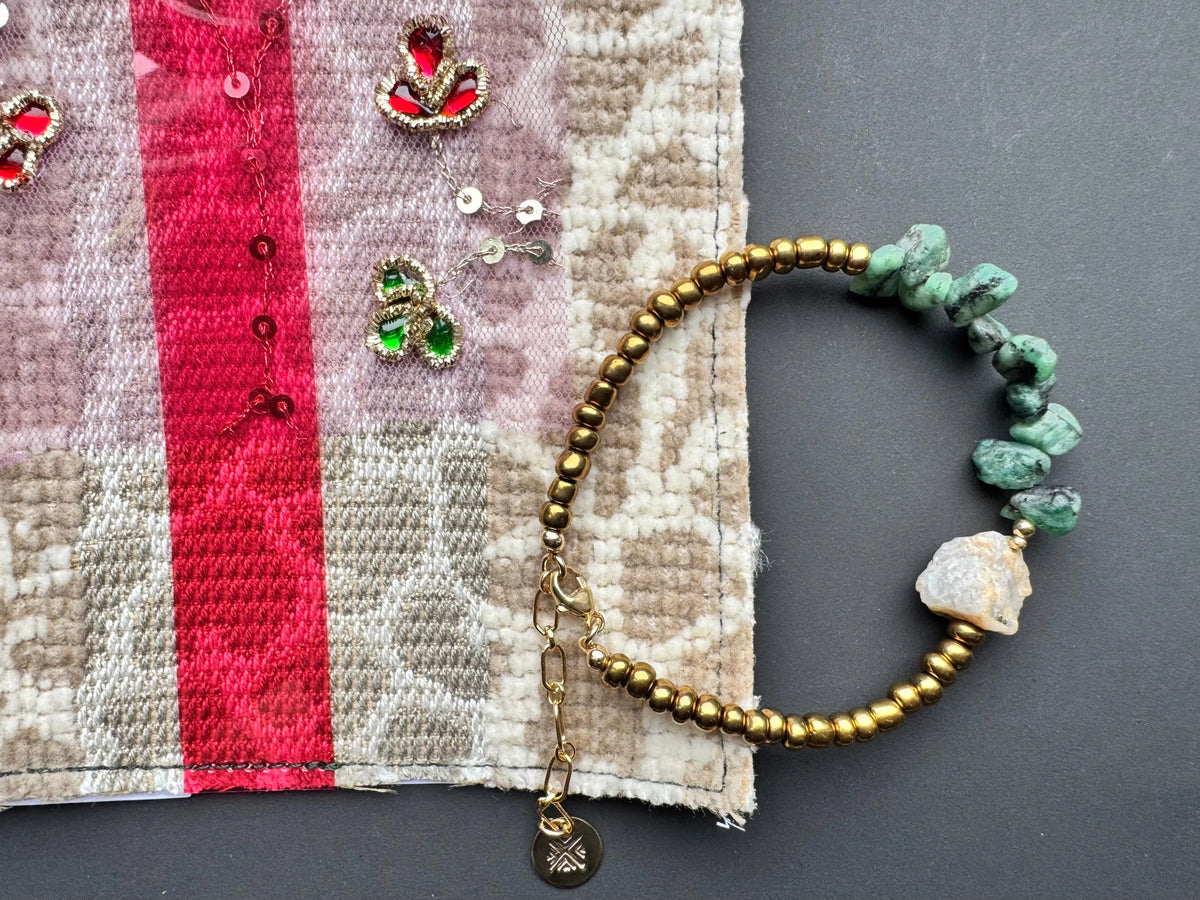 LIAM Bracelet Emerald Rare Pyrite-Quartz Bronze African Beads