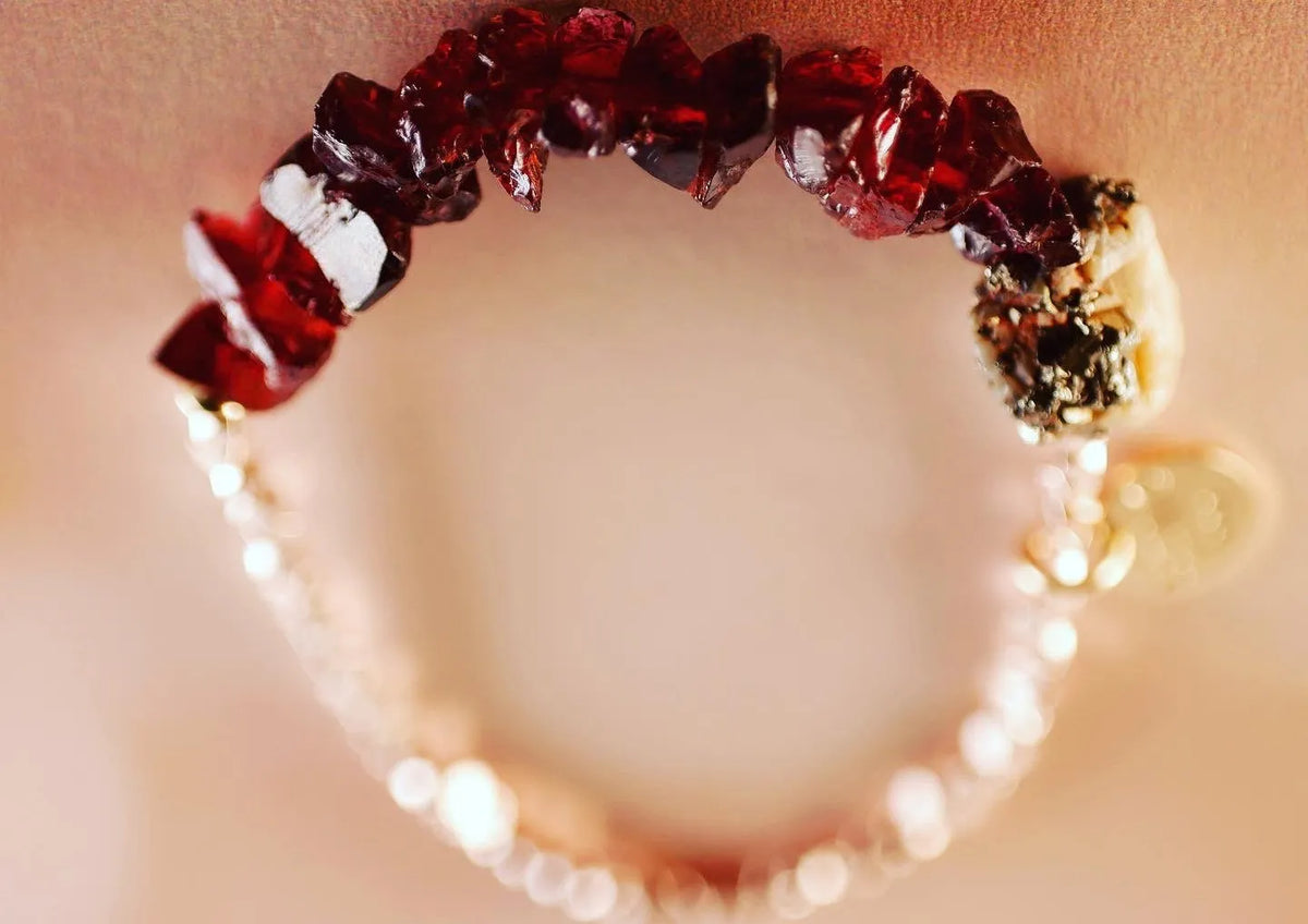 Miss SCARLET Bracelet Raw Garnet Crystals Pyrite-Quartz Handmade