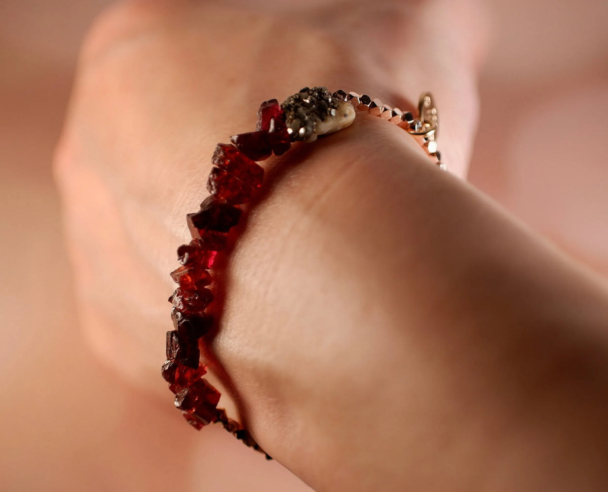 Miss SCARLET Bracelet Raw Garnet Crystals Pyrite-Quartz Handmade
