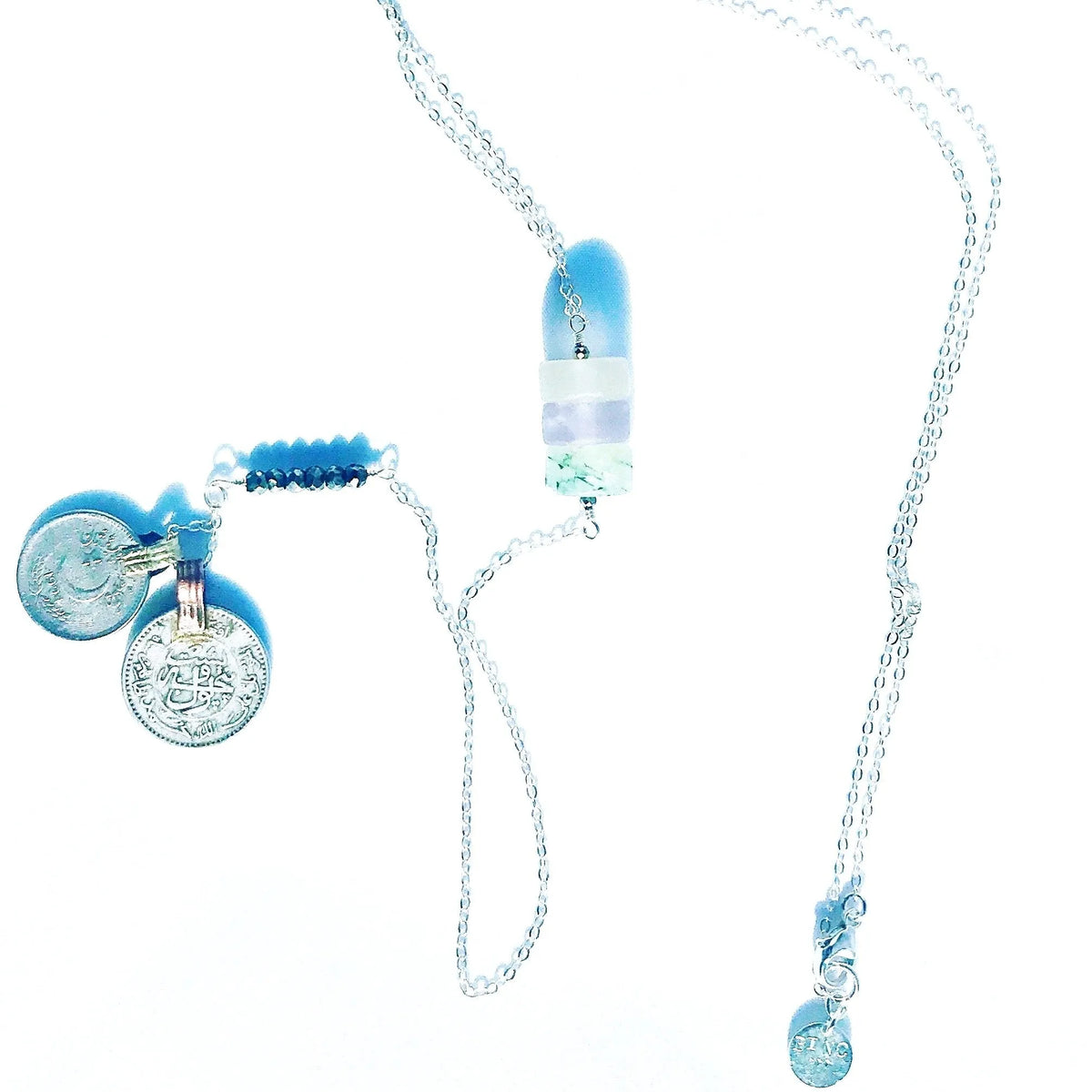 NOBLE Necklace Crystals Prehnite Amethyst Citrine Antique Coin Charms