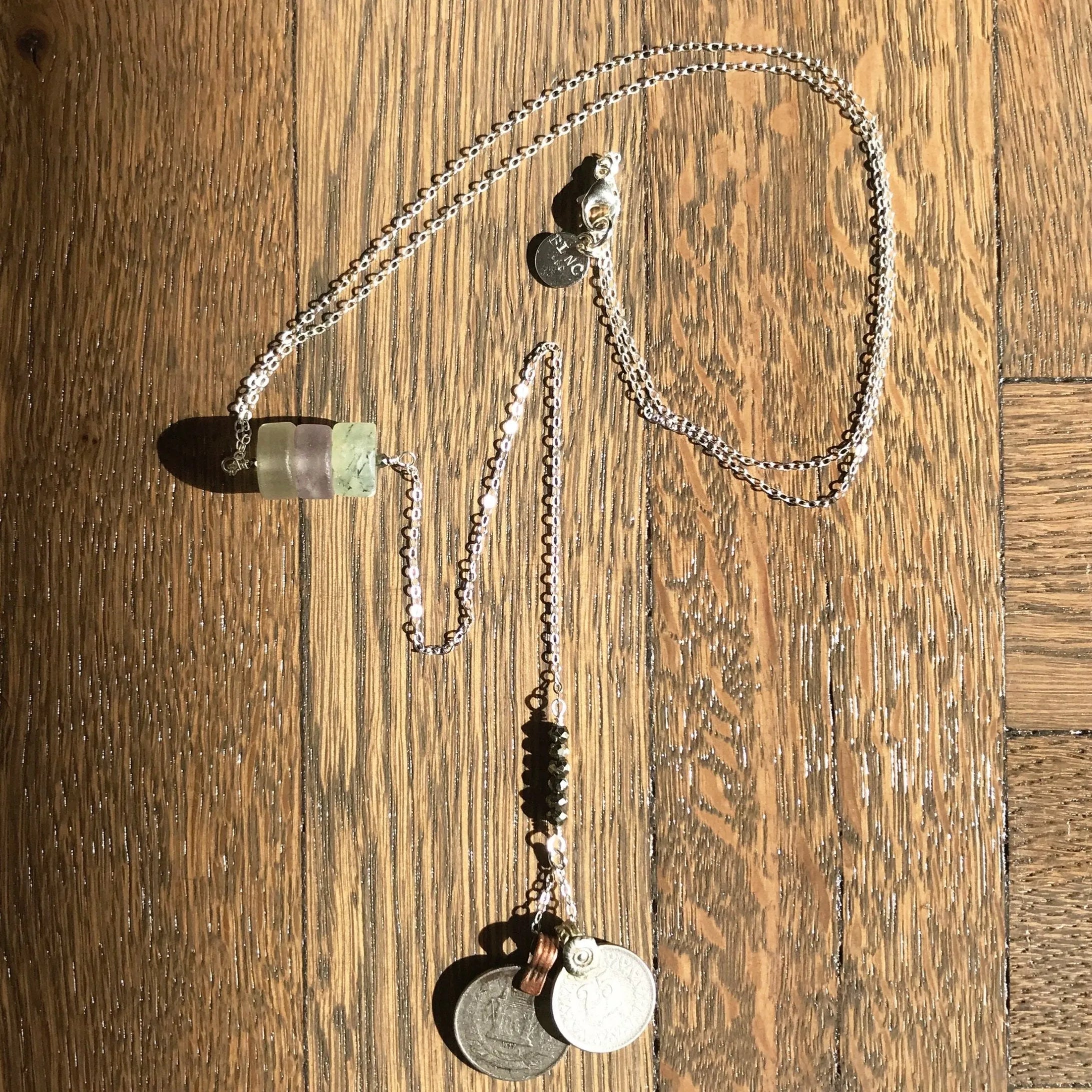 NOBLE Necklace Crystals Prehnite Amethyst Citrine Antique Coin Charms