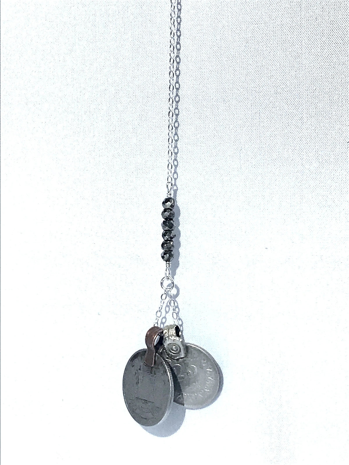 NOBLE Necklace Crystals Prehnite Amethyst Citrine Antique Coin Charms