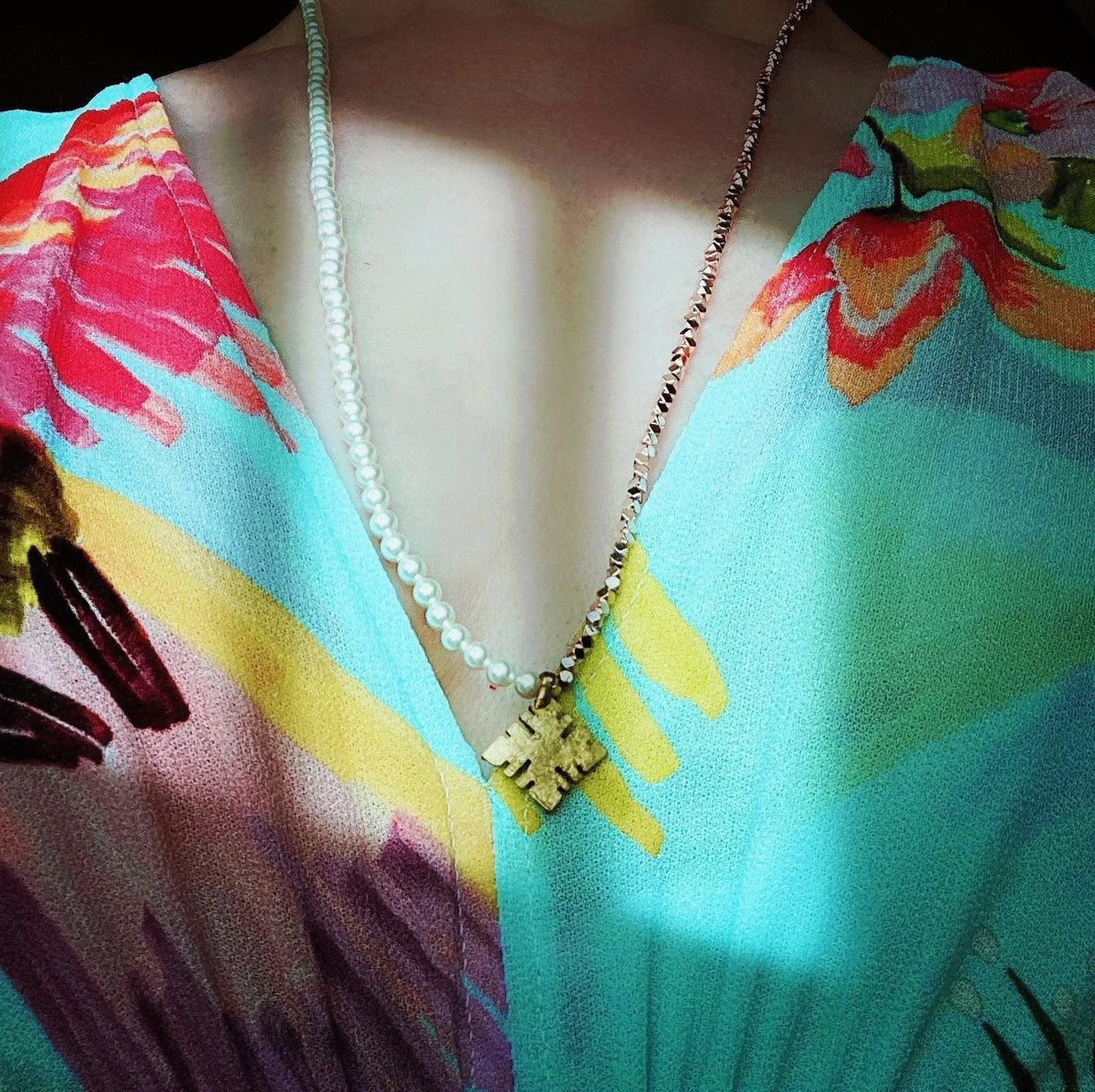 OLIVIA Wrap Necklace Pearl Hematite Tribal Pendant Transforms To Bracelet