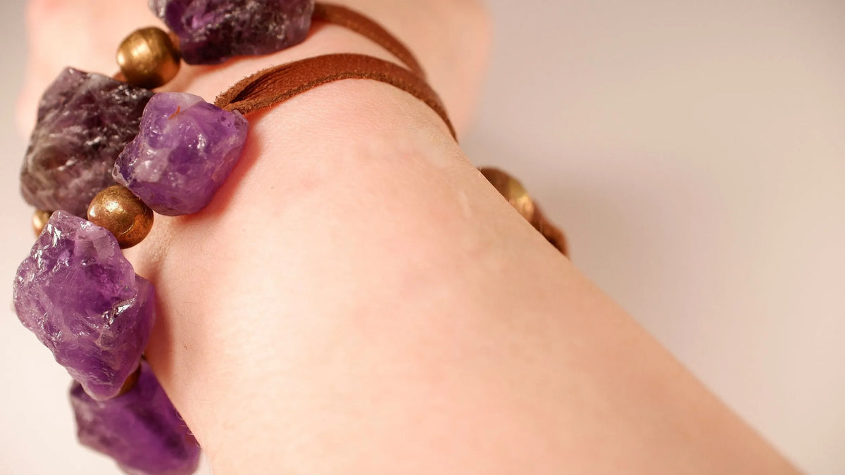 PEBBLES Raw Amethyst Bracelet 80-130 Carats Crystals Brass Copper