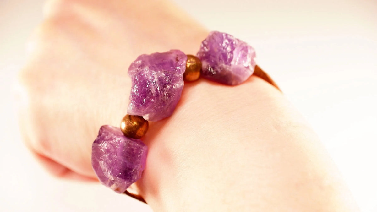 PEBBLES Raw Amethyst Bracelet 80-130 Carats Crystals Brass Copper