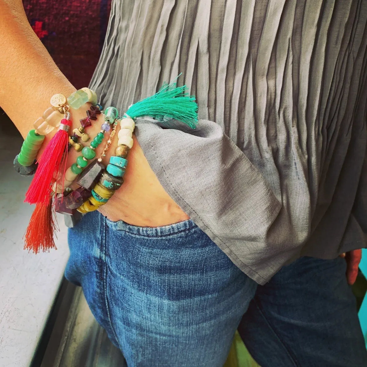 PEITY Bracelet Silk Tassels Fine Gems Crystals Antique Tribe Beads