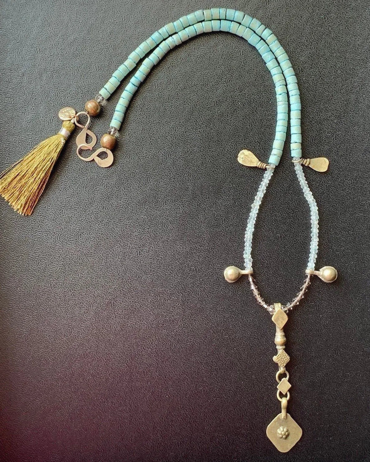 ROSALEN Aqua Crystal Statement Necklace Tribal Kuchi Antiquities Boho