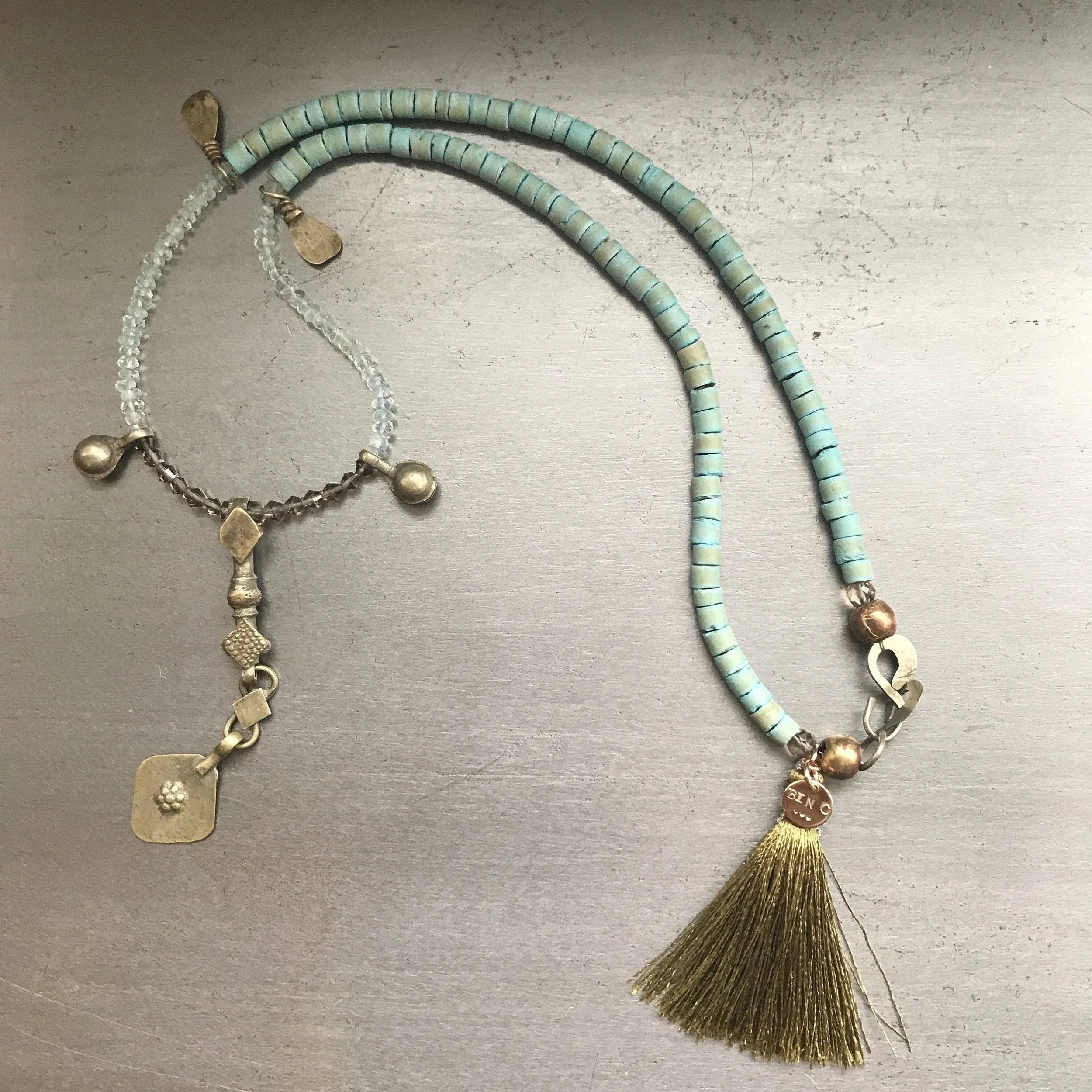 ROSALEN Aqua Crystal Statement Necklace Tribal Kuchi Antiquities Boho