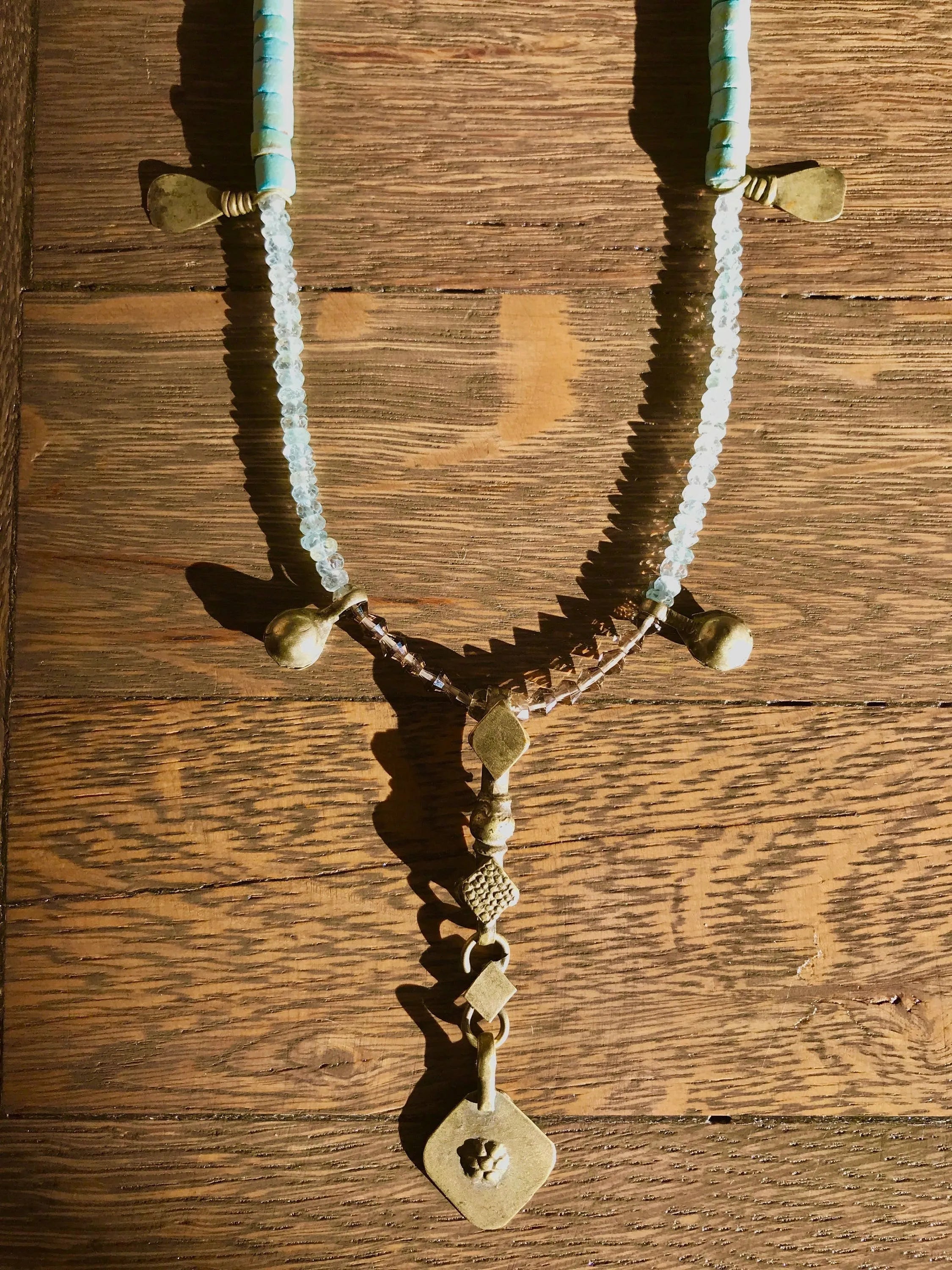 ROSALEN Aqua Crystal Statement Necklace Tribal Kuchi Antiquities Boho