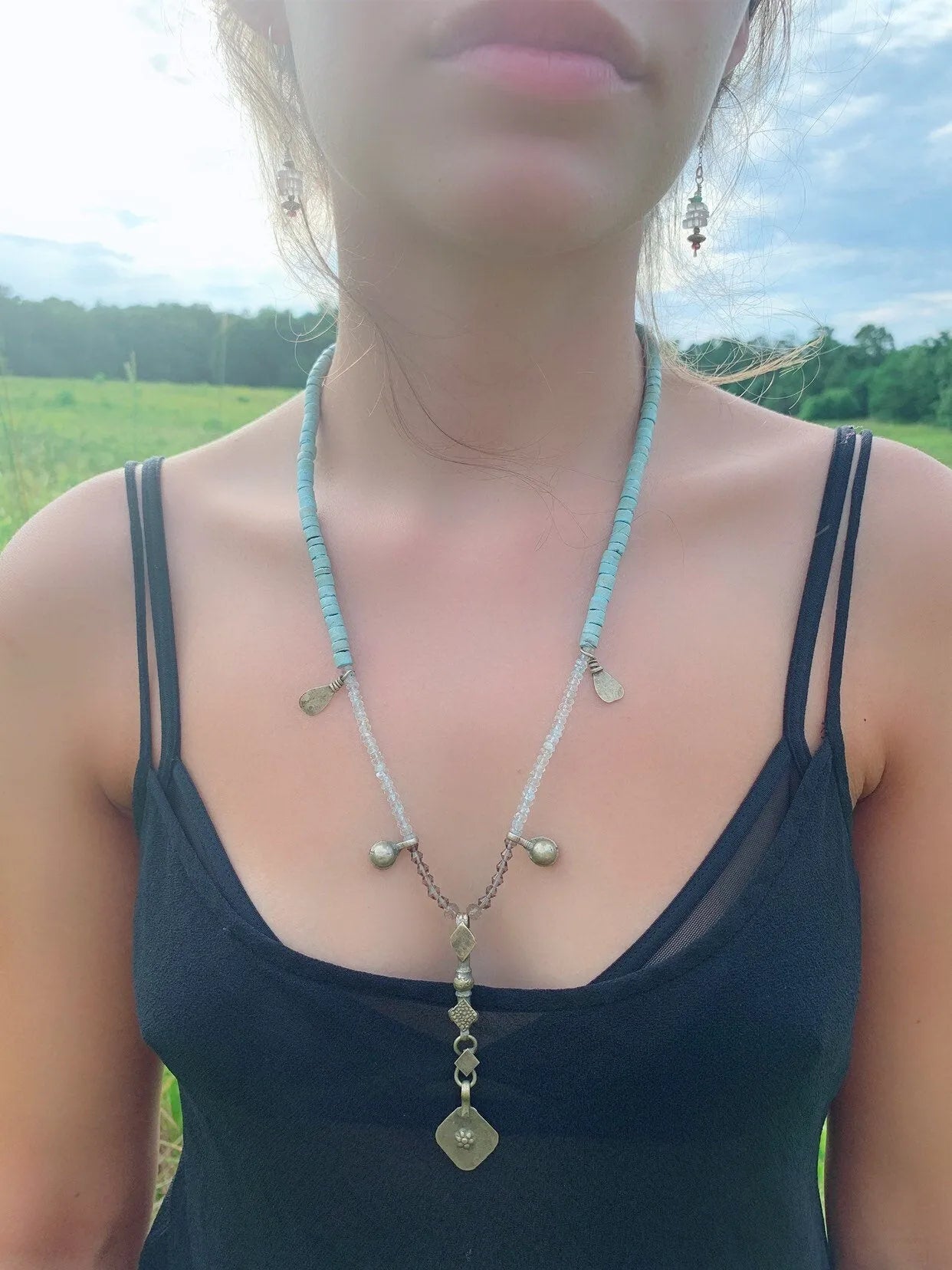 ROSALEN Aqua Crystal Statement Necklace Tribal Kuchi Antiquities Boho