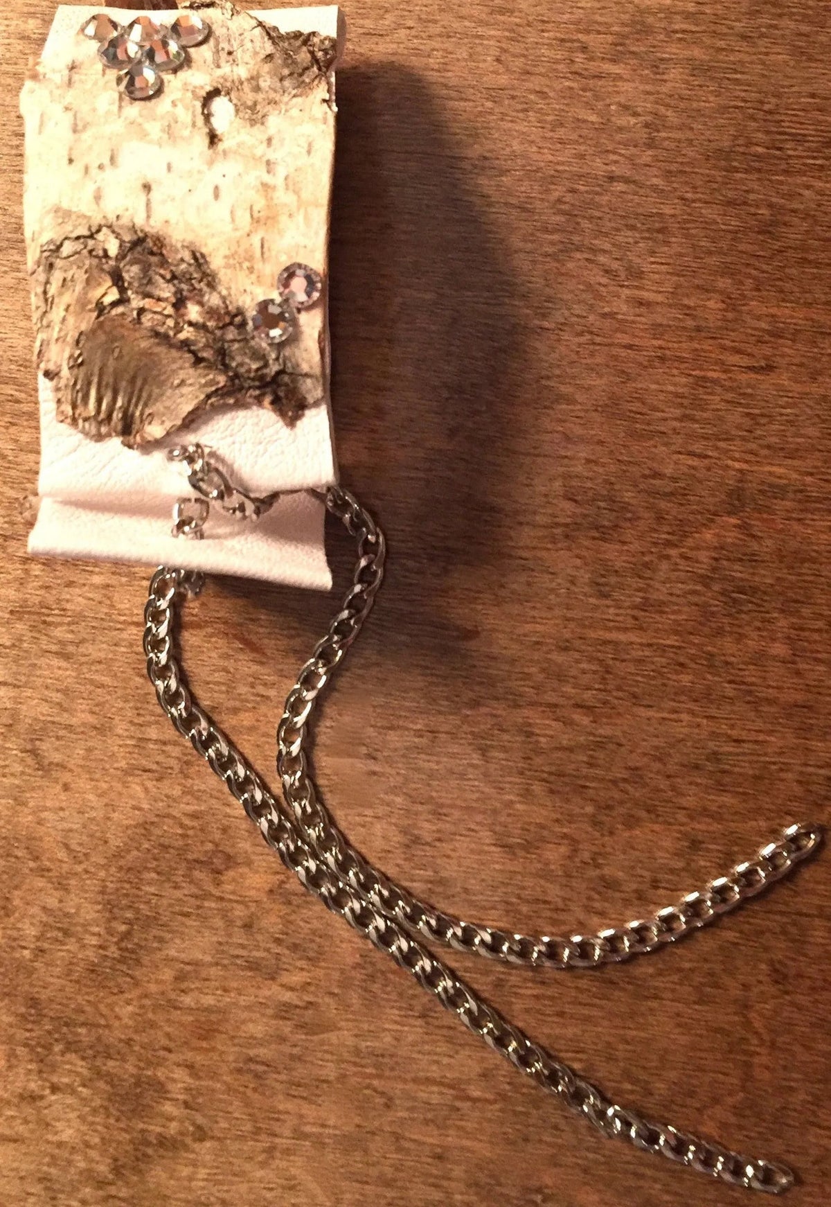 ROWAN Cuff Birch Bark Lambskin Leather Swarovski Crystal Tassel Chain