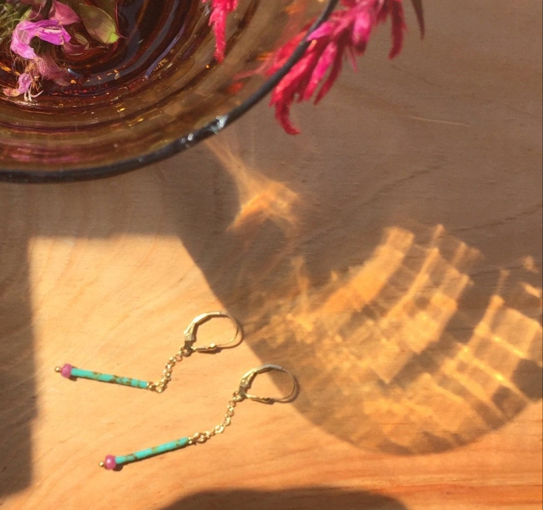 SOPHIE Earrings Turquoise Ruby Faceted Gemstones 14K Gold 14/20