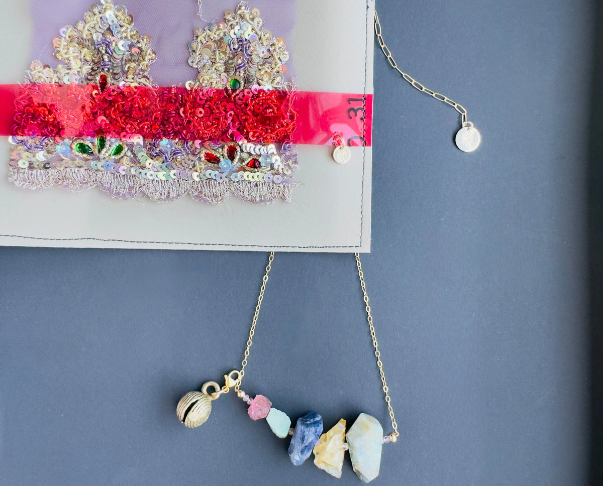 TiiNA Mixed Raw Crystal Necklace Master Healing Stones Wax Cast Bell