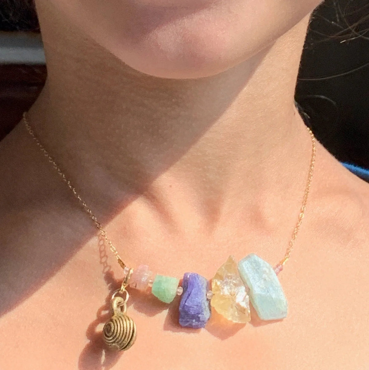 TiiNA Mixed Raw Crystal Necklace Master Healing Stones Wax Cast Bell