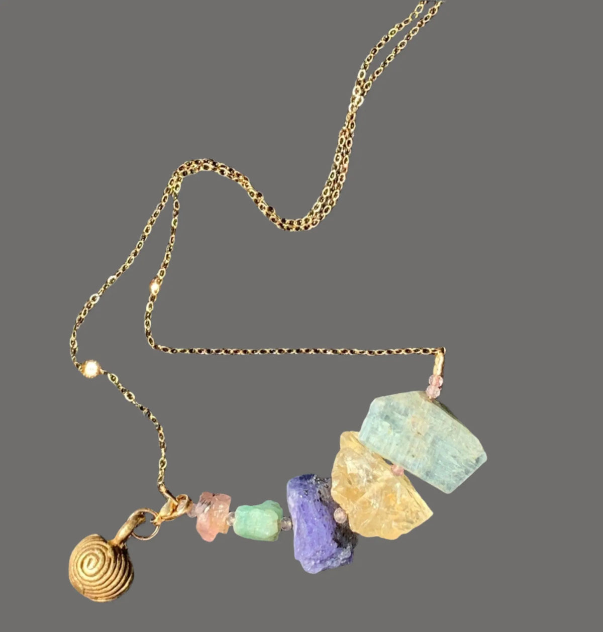 TiiNA Mixed Raw Crystal Necklace Master Healing Stones Wax Cast Bell