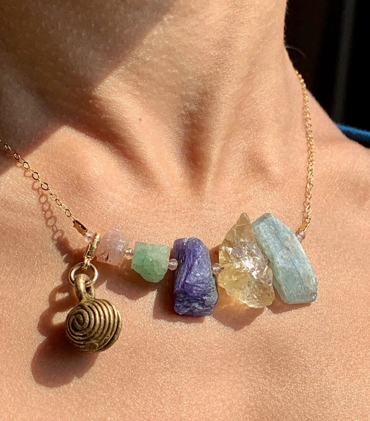 TiiNA Mixed Raw Crystal Necklace Master Healing Stones Wax Cast Bell