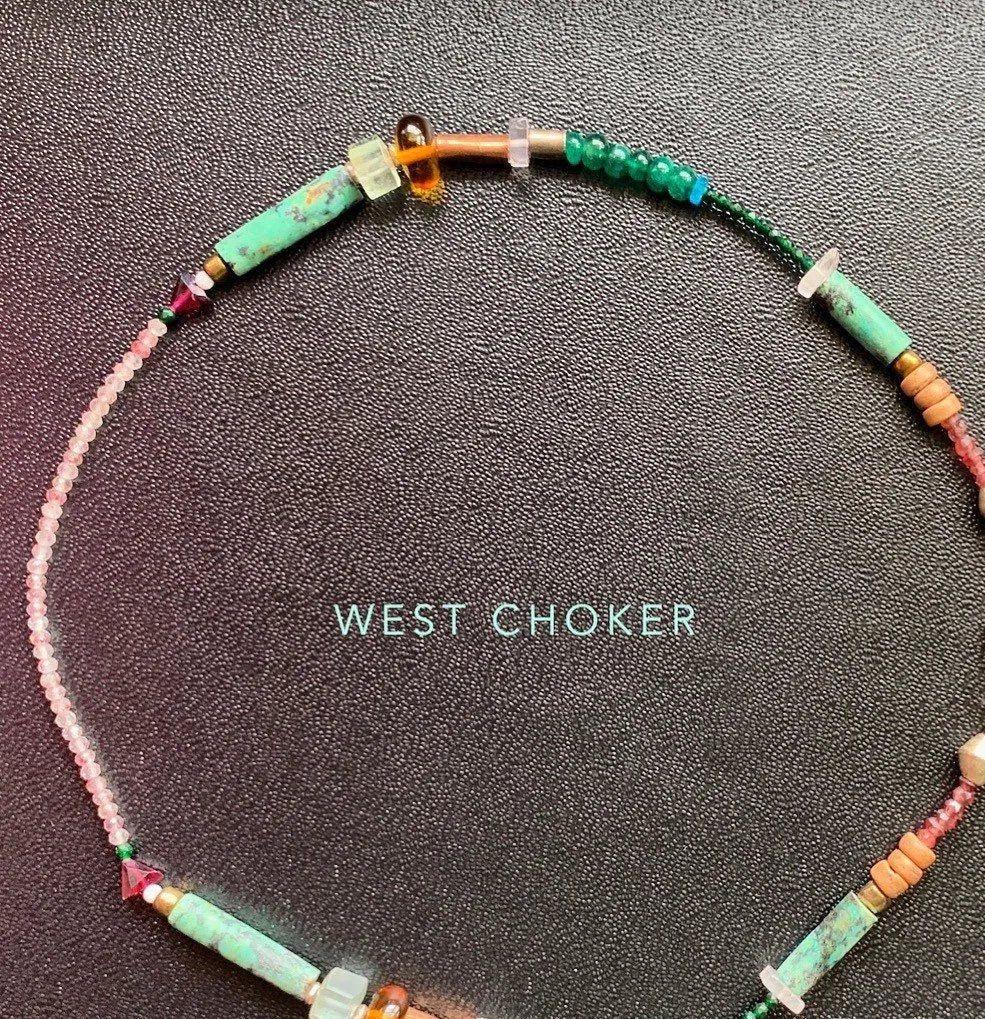 WEST Choker Beaded Bohemian Splurge Fine Turquoise Gems Crystals