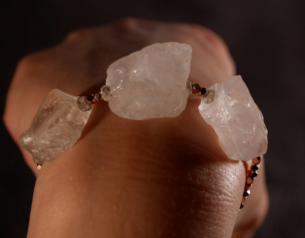 WILMA Bracelet Raw Crystal Quartz Hematite Aquamarine Handmade