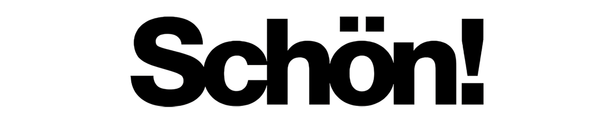 Logo for *Schön!* magazine, presented in bold black lowercase letters with an exclamation mark and umlaut over the "o", giving it a strong, edgy, and international fashion-forward identity.