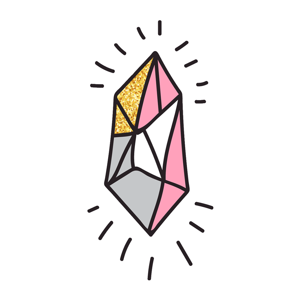 A faceted gem icon outlined in black with radiant shards of pink, white, gray, and gold glitter. Surrounded by energetic black lines, it sparkles with personality—combining glamour and whimsy in a chic, modern style.