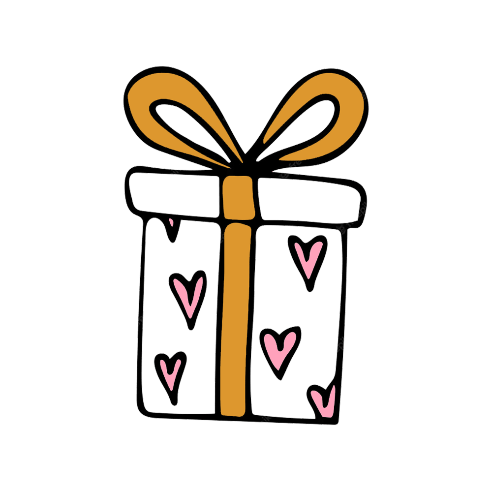 A whimsical, hand-drawn gift box icon with a bold yellow ribbon and playful pink hearts. The uneven black outline adds a charming, casual vibe.